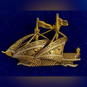 Vintage Damascene Spanish Viking Ship Brooch Pin ~1960s